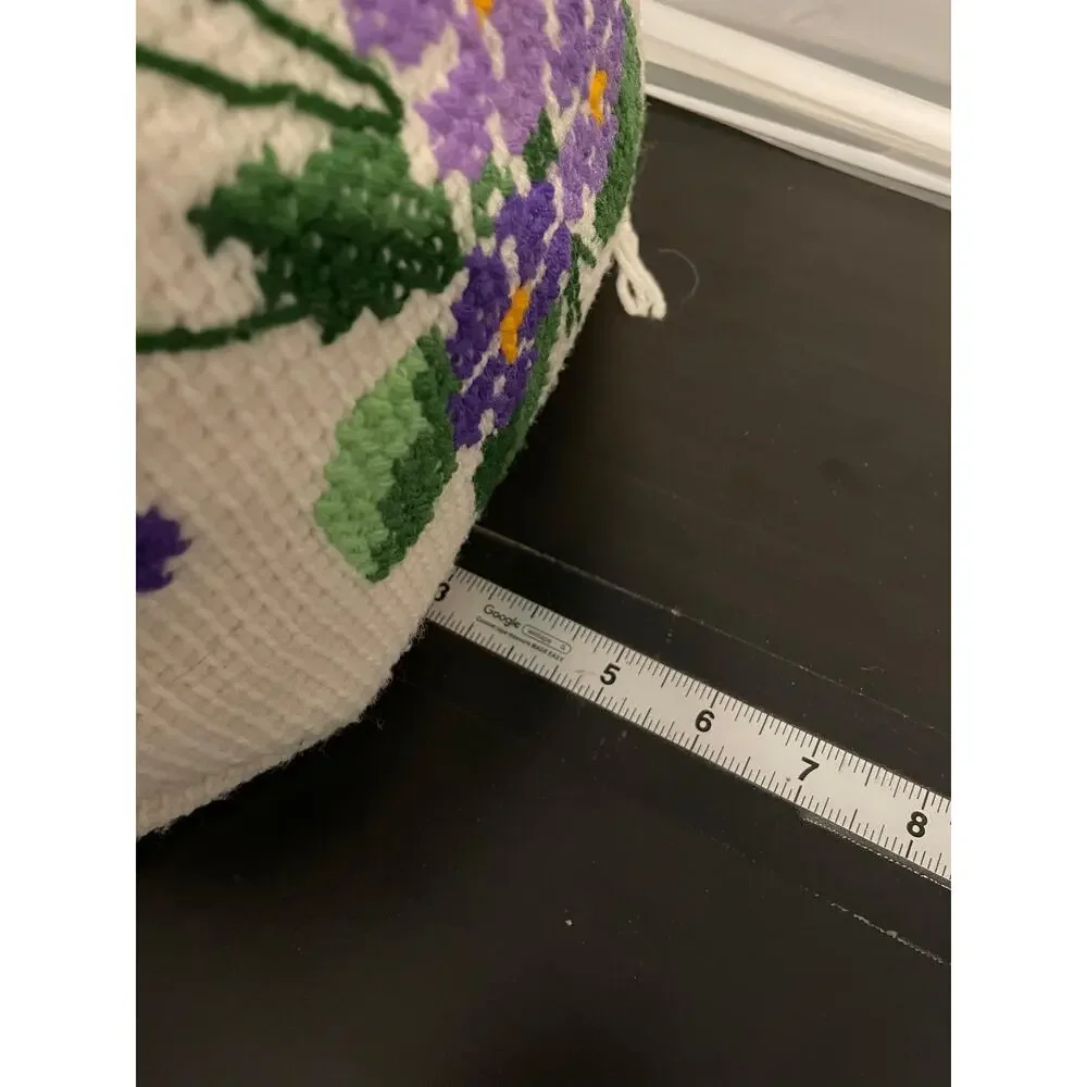 Handmade Needlepoint Pillow Floral Decorative 14x14 White Vintage Cottagecore